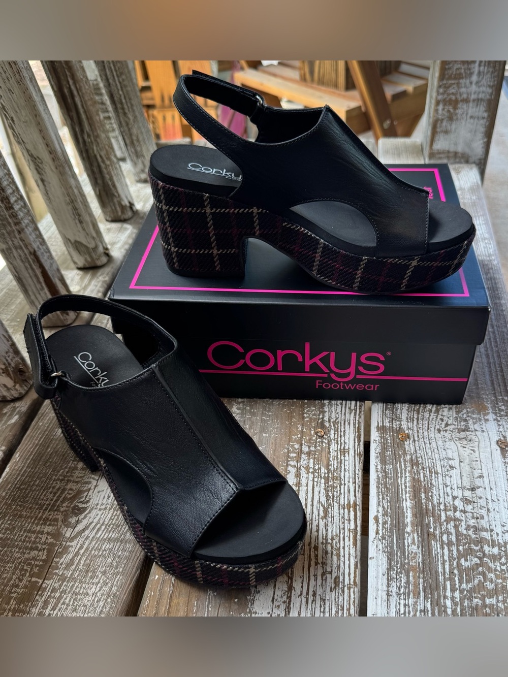 Corkys Black Platform Slingback Sandals with Plaid Heel - Style Miss Carley